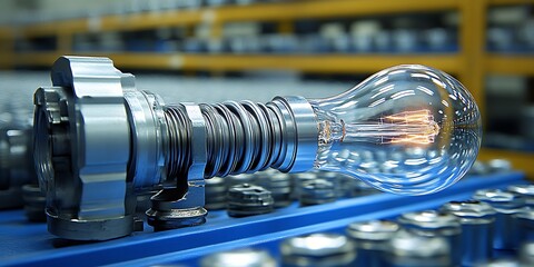 A creative representation of a lightbulb combined with machine parts