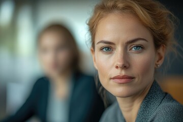 Obraz premium A woman with blue eyes and fair skin looks directly at the camera with a serious expression, another woman is blurred in the background.