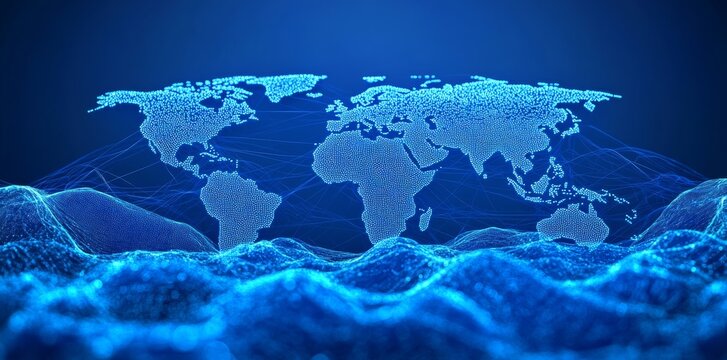 The internet depicted on a world map with a technological theme, highlighting global business. This represents Digital Connectivity, Global Innovation, Technological World, Internet Infrastructure,