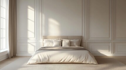 Fototapeta premium Beige Bedroom with Sunlight Streaming Through Window Creating Warm Interior