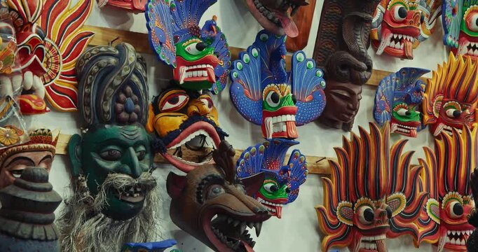 Many old colored Ceylon traditional Wooden masks Sculptures. Sri Lankan Flower Bird Devil (Mal Gurulu Raksha), Fire Devil mask, Gini Raksha, Naga Raksha - Cobra demon - mask of the Raksha Kolama demon