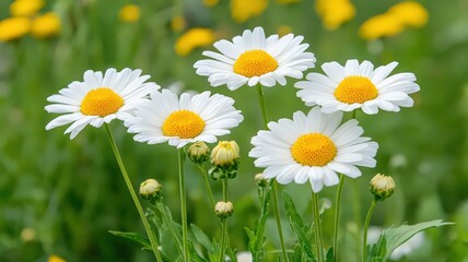 Fototapeta premium Five White Daisies in a Vibrant Wildflower Field