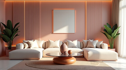 A designer modular sofa in soft pastel hues, a glass coffee table with sculptural elements, textured walls, and ambient LED lighting