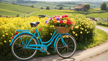 Fototapeta premium Blue vintage bicycle with flowers in basket on sunny country road
