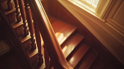 Sunlit Wooden Staircase: A Glimpse of Classic Elegance