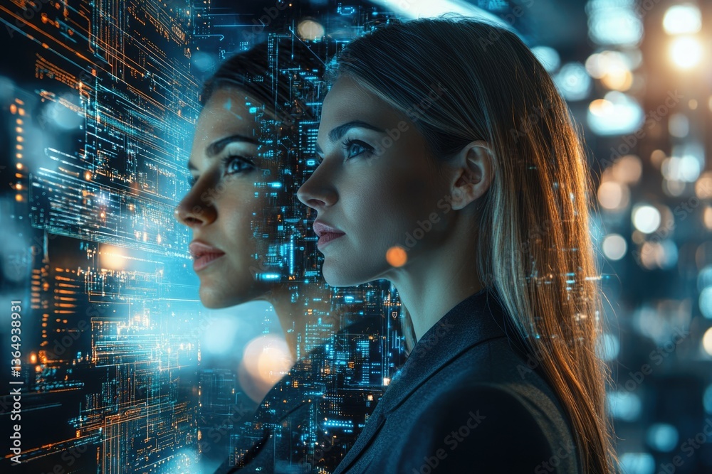 Aufkleber a woman's profile superimposed on a digital backdrop, symbolizing technology's integration into mode