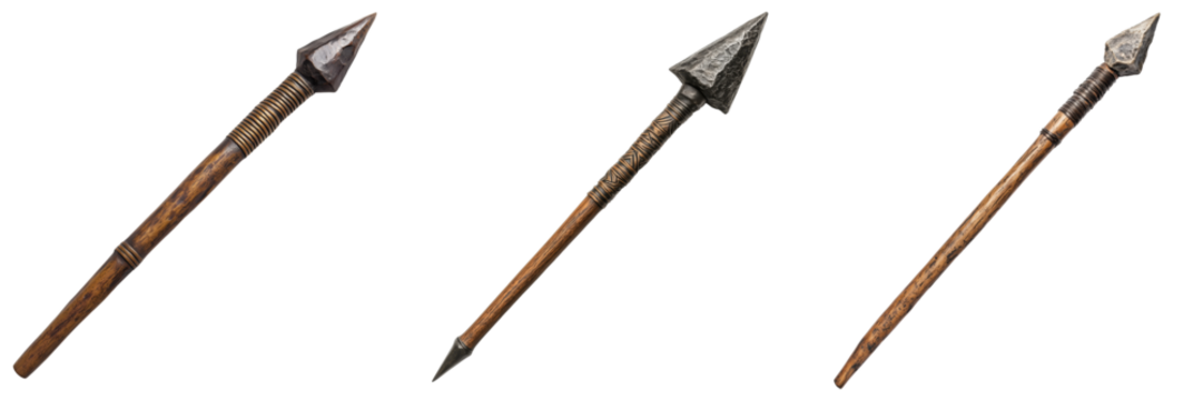 Traditional Wooden Spears with Metal Tips for Hunting and Decoration Isolated on a Transparent Background