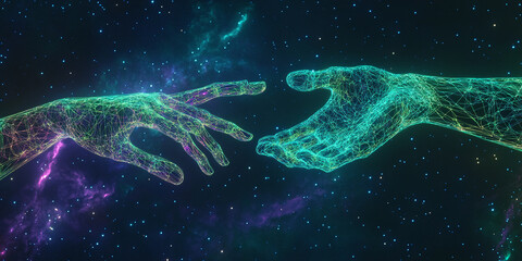Two glowing, wireframe hands reach towards each other against a cosmic nebula background, symbolizing connection, unity, or reaching out for help