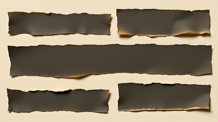 set of wabi-sabi inspired ripped or torn blank dark paper scraps with different grungy textures isolated over transparency, textured grunge collage design elements or banners with and without shadows