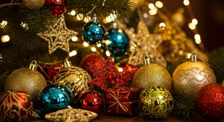 Sparkling Christmas Ornaments Festive Decor Gold Teal Baubles Holiday Lights Winter Season