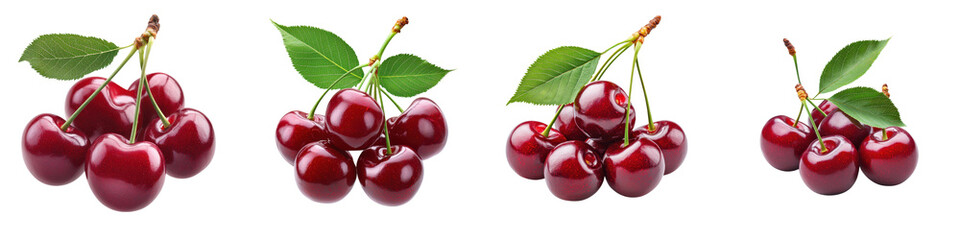 Close up of a bunch of freshly picked ripe and shiny red cherries with vibrant green leaves attached to the stems