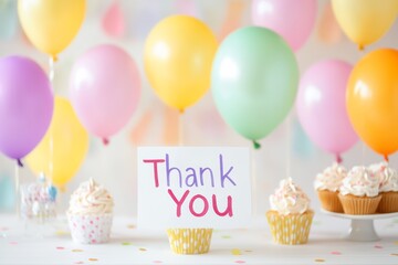 Thank You Card with Colorful Balloons and Cupcakes for Celebration or Party Scene