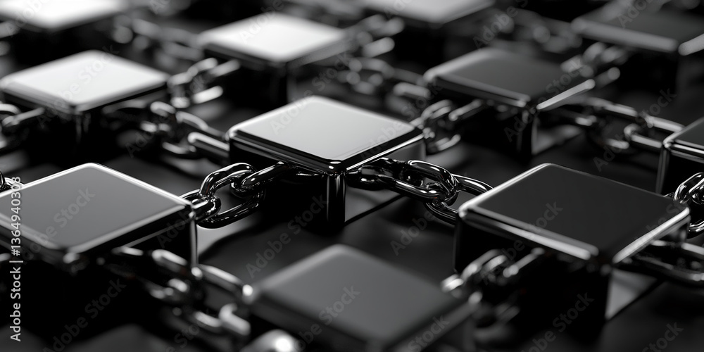 Poster Close-up of black cubes linked by metal chains, creating a grid-like structure, symbolizing connection, network, or security, ideal for technology or business concepts