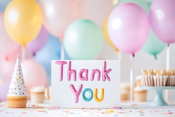 Thank You Card with Colorful Balloons and Cupcakes for Celebration or Party Scene