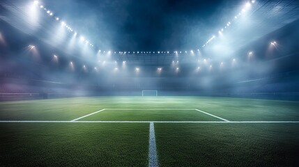 textured soccer game field with neon fog - center, midfield. Empty soccer stadium with spotlight and fan tribune  football team. Concept of live sport events, tournament, Large football stadium 