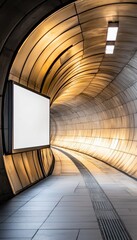 Fototapeta premium Empty underground metro station featuring a massive blank billboard, futuristic lighting, and tiled architecture, ideal for promotional display concepts
