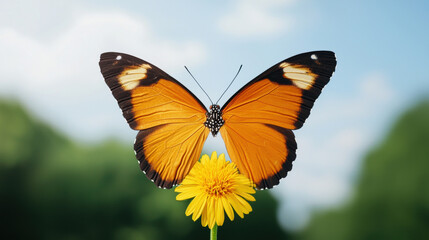 Fototapeta premium vibrant butterfly rests on yellow flower symbolizing sustainable development goals in nature