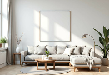 Spacious Living Room Modern Canvas Frame 3d Mockup Wall