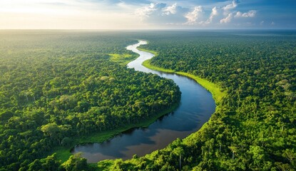 Fototapeta premium An aerial view shows a river flowing through a forest