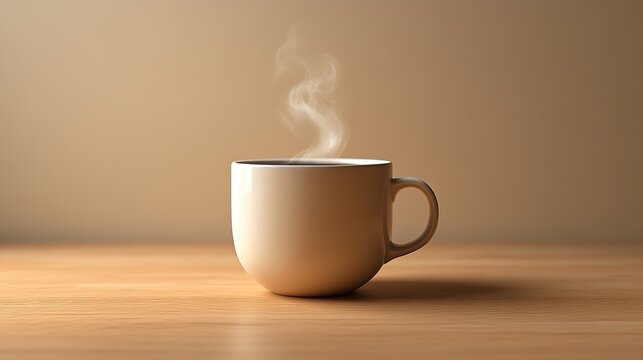 A surreal and calming atmosphere perfect for advertising is created by a steaming white coffee mug levitating against a minimalist cream background.