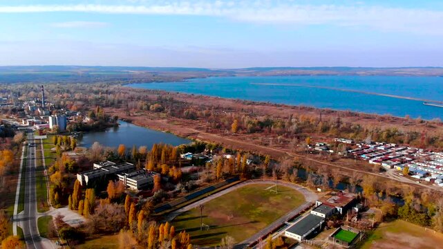 Aerial view of Kaniv HPP, electric grid and Dnipro River, Ukraine