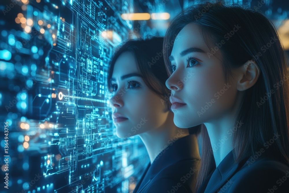 Poster two women gaze intently at a futuristic, glowing digital interface, showcasing advanced technology a