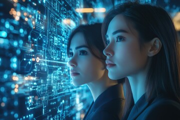 Obraz premium Two women gaze intently at a futuristic, glowing digital interface, showcasing advanced technology and data streams.