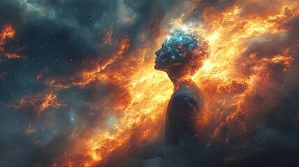 A surreal depiction shows a person with a galaxy swirling around their head, symbolizing overwhelming thoughts, stress, and mental burnout, cosmic imagery suggests vastness and complexity.