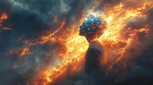 A surreal depiction shows a person with a galaxy swirling around their head, symbolizing overwhelming thoughts, stress, and mental burnout, cosmic imagery suggests vastness and complexity.
