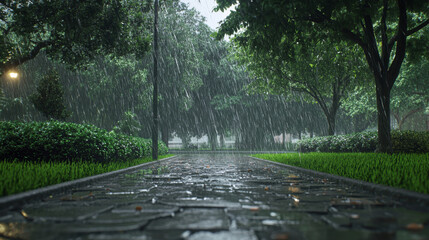 City park with green lawn, bushes, trees and stone walkway in rain. Vector cartoon illustration of summer thunderstorm in public garden with lightning and puddles on road