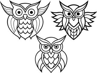 Black And White Tribal Owl Set Flat Design On White Background