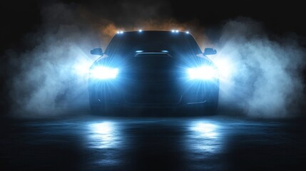 Dark sports car, illuminated by vibrant headlights, emerging from smoke