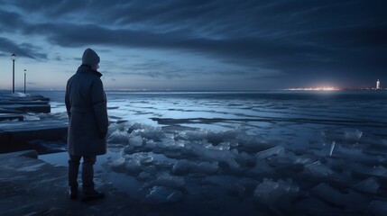 Nordic Noir mood dark blue gray hues deep shadows warm house lights ocean breeze creating ripples in water man staring at frozen horizon cinematic storytelling high resolution photorealism