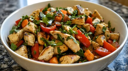 Salad Fiesta: A vibrant culinary composition showcases a medley of succulent grilled chicken, juicy tomatoes, and fresh cilantro, all artfully arranged in a pristine bowl.