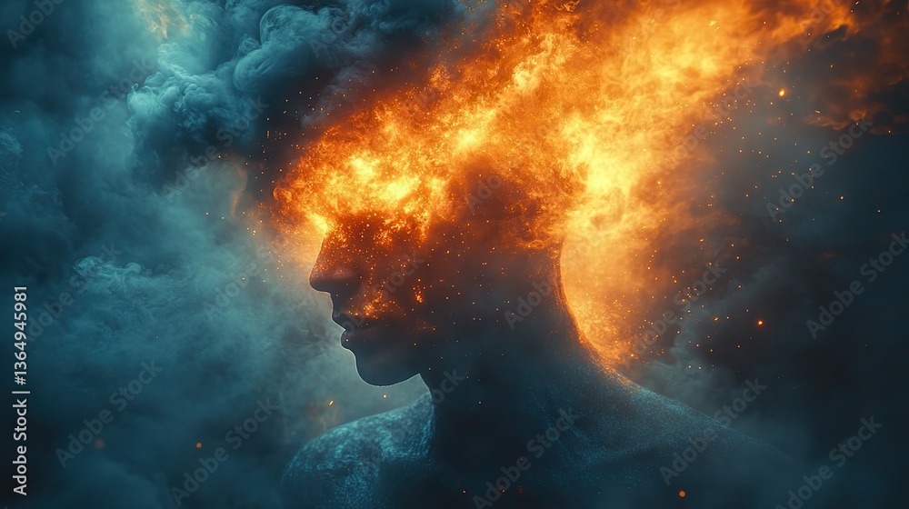 Canvas Prints a surreal image shows a businessman's head exploding with dark smoke and particles, representing str