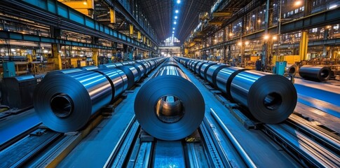 A steel sheet roll, made in a hot rolled strip steel mill and stored in a factory warehouse, represents the steel industry, factory production, warehouse storage, hot rolling process, and metal
