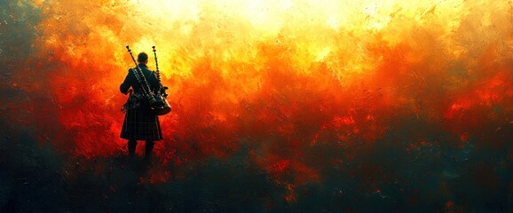 Fototapeta premium A lone figure, back turned, stands before a fiery, immense wall. Bagpipes rest on their shoulder