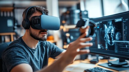 A digital artist using AI to create 3D virtual reality environments for gaming, studio with VR headsets, AI models