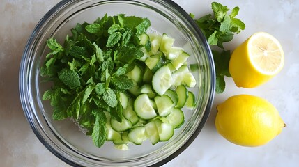 Obraz premium Fresh Salad Preparation: A vibrant and inviting close-up captures a transparent bowl filled with a fresh medley of sliced cucumbers, vibrant green mint leaves, and halved lemons.