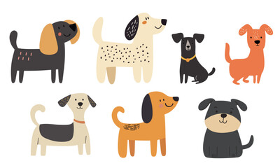 Fototapeta premium Clip art hand drawn vector illustration of a different cute funny dogs isolated objects on white background
