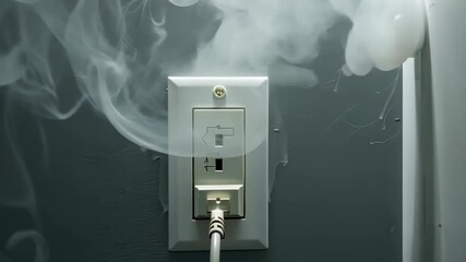 Smoke escapes from an electrical outlet in a dark room as a cable is plugged in during the early evening hours