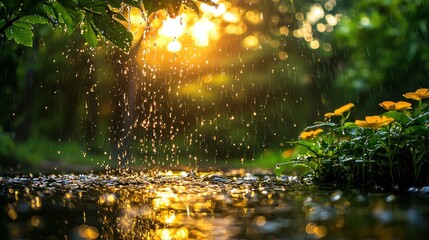Obraz premium Golden hour rain falling on lush greenery