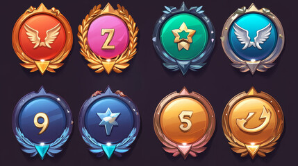 Game victory rank medals isolated on background. Vector cartoon illustration set of round and star shape badges of bronze, silver, gold with place numbers, wings, laurel decoration, winner awards