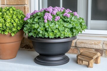 Close up image of potted plants near a window on display