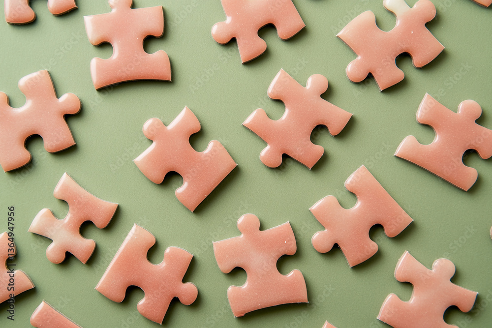 Poster peach-colored puzzle pieces scattered on a green background, showcasing a concept of connection, tea