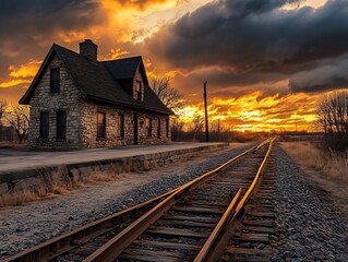Fototapeta premium Old train depot sunset golden light reflecting on stone walls railway tracks disappearing into the horizon dark clouds gathering