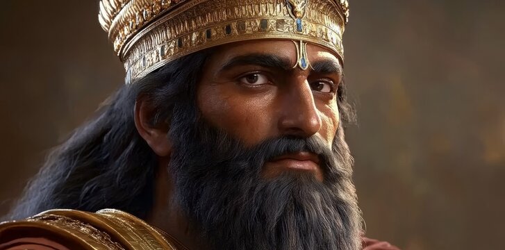 Depiction of King Nebuchadnezzar, a formidable leader of ancient Babylon. Themes: Historical Figures, Ancient Civilizations, Babylonian Empire, Art and Sculpture, Monarchy