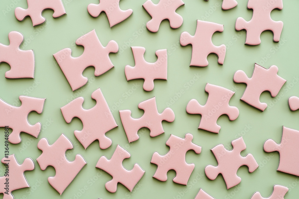 Poster scattered pink puzzle pieces on a pale green background, suggesting connection, problem-solving, or 