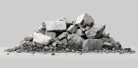 A heap of concrete debris set against a white backdrop, representing construction waste, with a white background and an isolated object