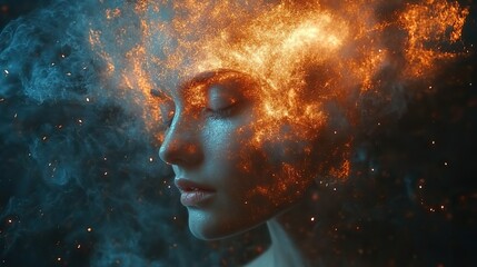 Obraz premium A surreal portrait shows a woman with closed eyes and an exploding head, symbolizing burnout, stress, mental health issues, and information overload.